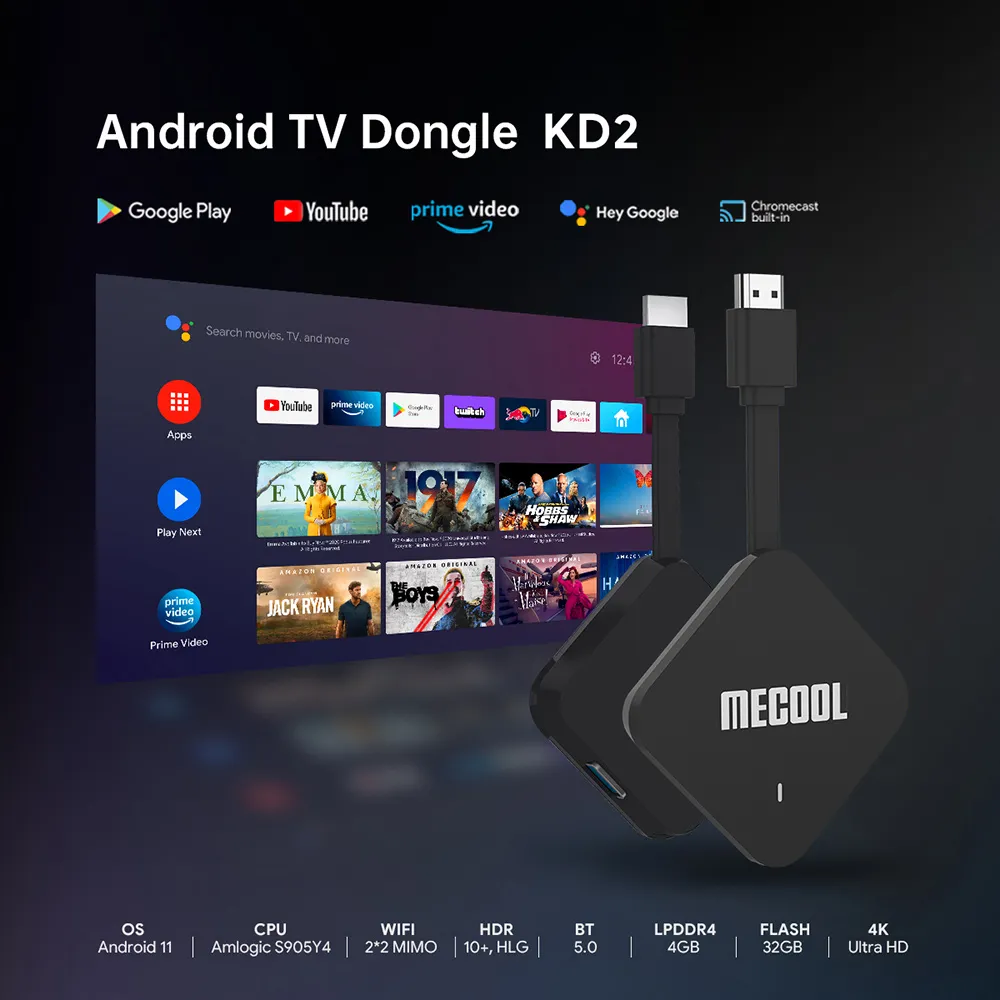 Mecool KD2 Amlogic S905Y4テレビボックスAndroid 11 4GB 32GB Dual Wifi Google認定テレビスティックBT 5.0