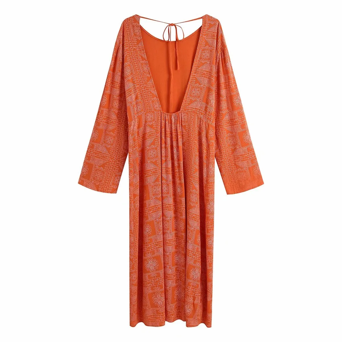 Vuwwyv zomerjurk mode oranje print lange jurken voor vrouwen volledige mouw terug open avond feest vestidos stropdas 210430