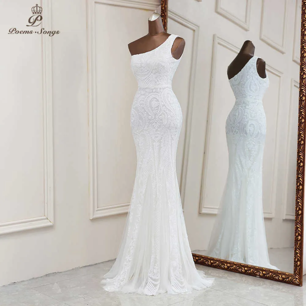 Sexy witte pailletten zeemeermin avondjurken een schouder jurken voor vrouwen party vestidos de fiesta robe de soiree de mariage 210719