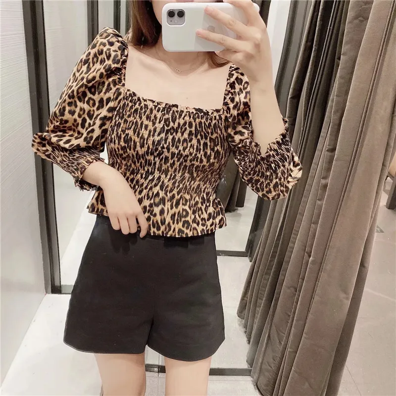 Topy Kobiety Vintage Leopard Stretch Bluzki Mujer Fashion Square Collar Rękawów Puff Rękawy Wzburzyć Hem Elastic Smocked 210519