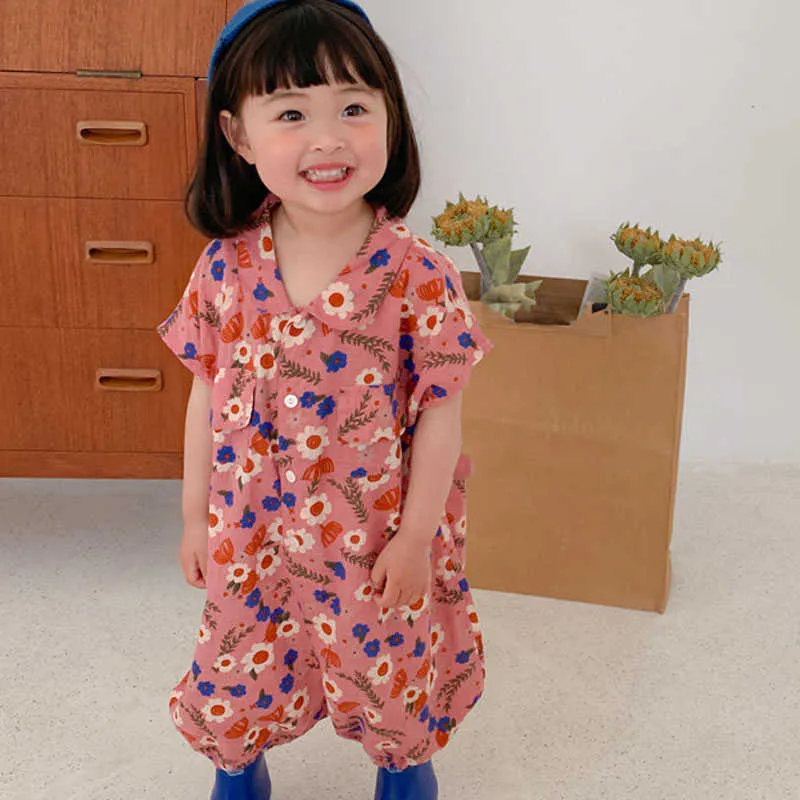 Summer Boys And Girls Jumpsuit Unisex Japanes & Korean Style Flower Button Lapel Loose Baby Kids Children'S Clothing 210625