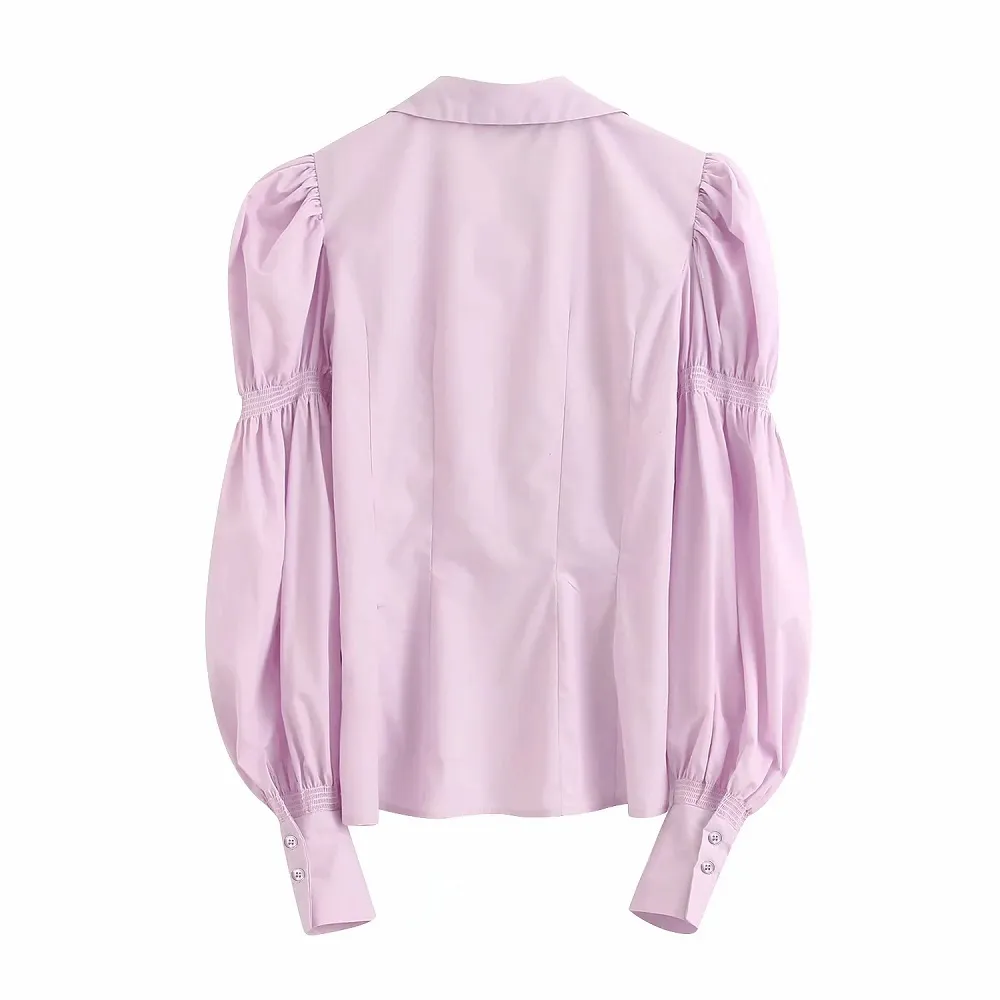 Stilvolle schicke helllila Rüschenärmel Popeline-Blusen Damenmode Umlegekragen Tops Elegante Damen-Knöpfe Shirts 210520