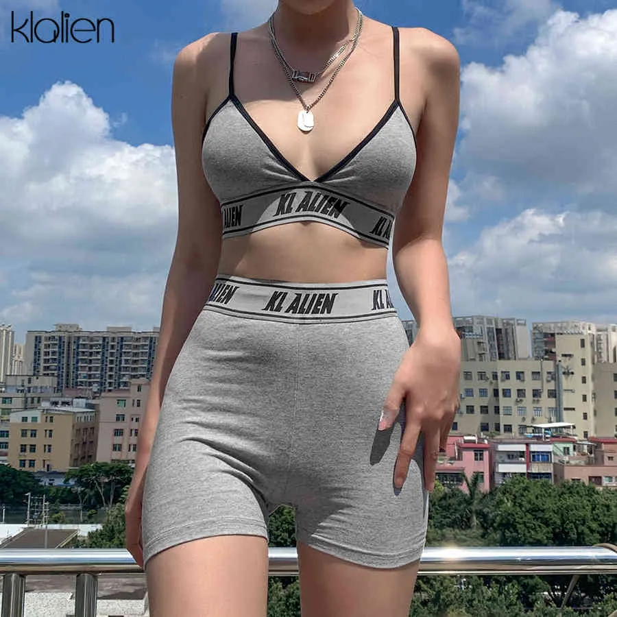 KLALIEN sexy v neck crop top and shorts set women print letter tracksuit fitness outfit slim soft cotton biker short set X0428