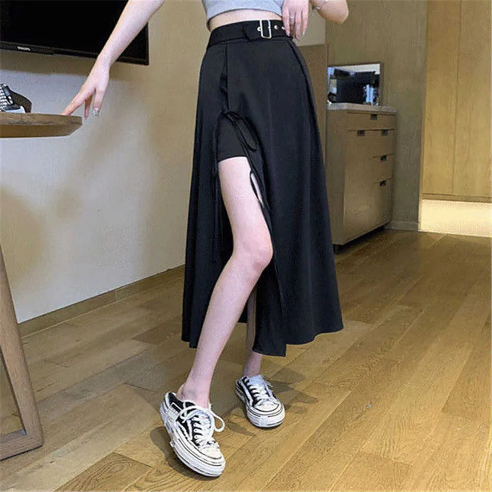 ハイウエストブラックミディスカート女性サマーストリートウェアカジュアルスプリットヘム非対称ワイルドスカート韓国ファッションレディース210619