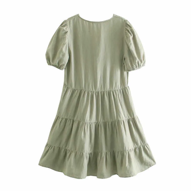 Za Linen Tiered Summer Dress Women Short Puff Sleeve V Neck Vintage Loose Mini Dresses Woman Ruffle Hem Casual Pleat Dress 210602