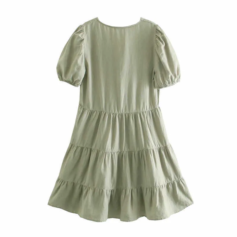 Za Linne Tiered Sommarklänning Kvinnor Kort Puff Sleeve V Neck Vintage Loose Mini Dresses Kvinna Ruffle Hem Casual Pleat Dress 210602