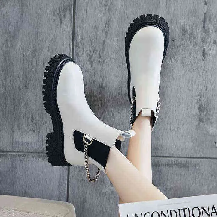 Frauen Stiefeletten Metall Kette Mode Design Plattform Chunky Low Heels Feste Beiläufige Non-Slip Komfort Frauen Schuhe 2021 winter Y1105
