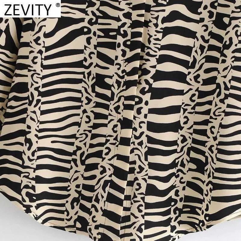 Zevity Women Vintage Chain Patchwork Zebra Striped Print Smock Camicetta Office Ladies Petto Camicie Chic Blusas Top LS7452 210603