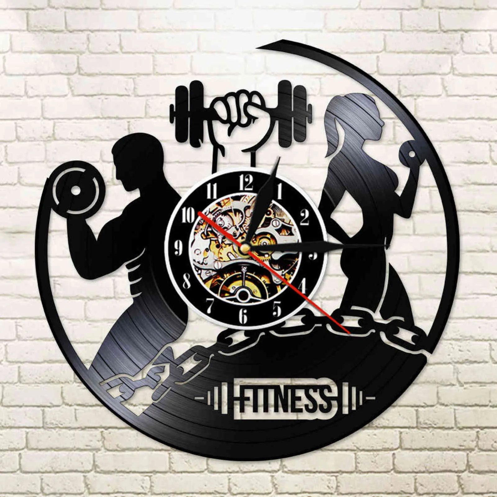 Fitness Vinilo Reloj Reloj Deporte Cuerpo Salud Hecho a mano Deportes Gimnasio Arte de la pared Culturismo Decoración de la habitación Mancuerna Vintage LP Reloj de pared 211110