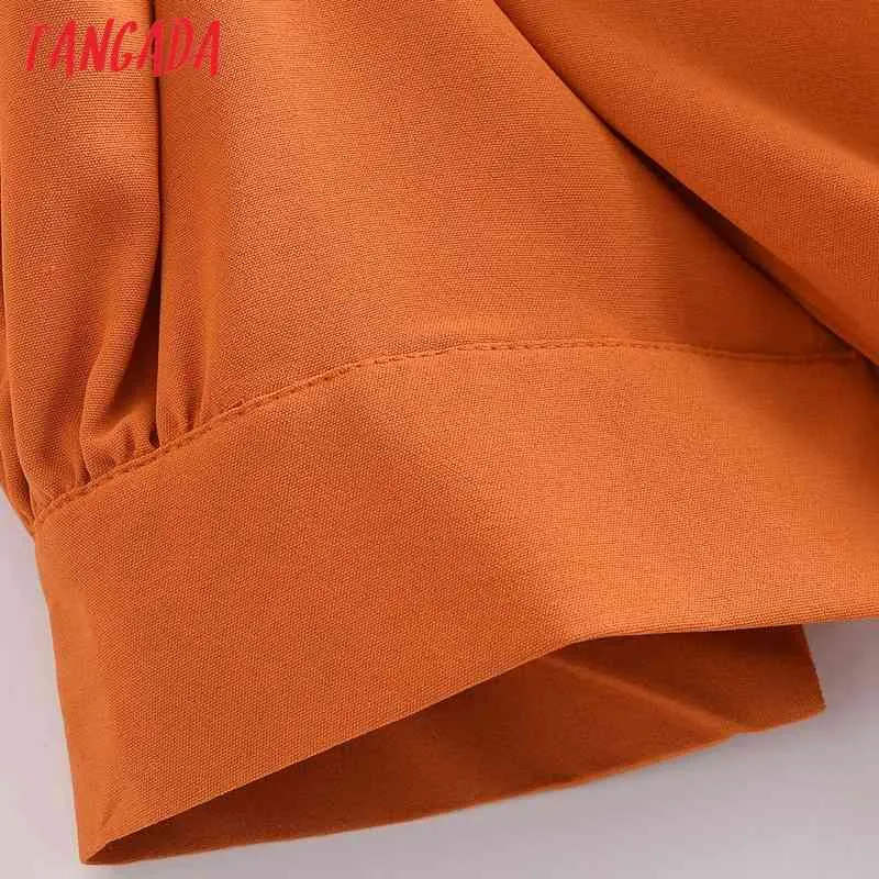 Verano mujer estilo francés naranja Puff manga corta Oficina señoras Midi vestido Vestidos 3W57 210416