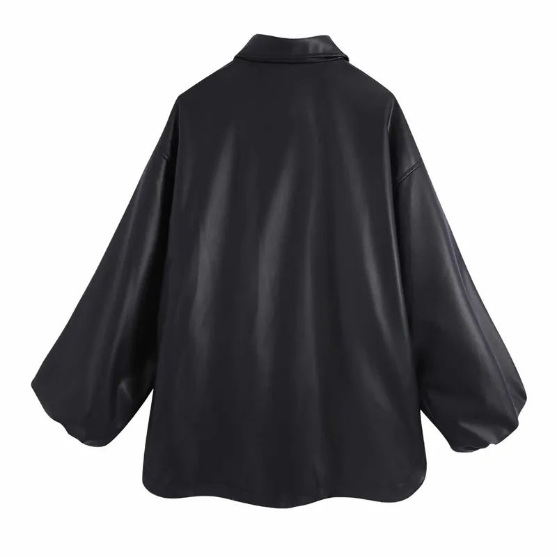 女性秋PUカジュアルルースジャケットコート長袖ソリッドブラックシングルブレスト女性ファッションストリートジャケットアウターウェア210513