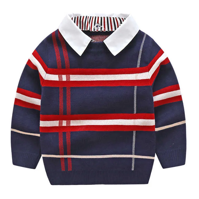 Kids Sweters Autumn 2021 Plaid Toddler Boy Sweater długi rękaw Fake Twopiece Chłopcy Pullover Dzieci Ubranie 27Y Y10249862996250