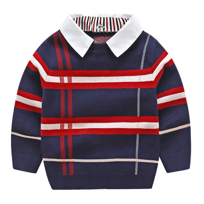 Çocuk Sweaters Sonbahar 2021 Ekose Toddler Boy Sweater Uzun Kollu Sahte Twopiece Örme Erkek Külot Çocuk Giyim 27y Y10249862996250