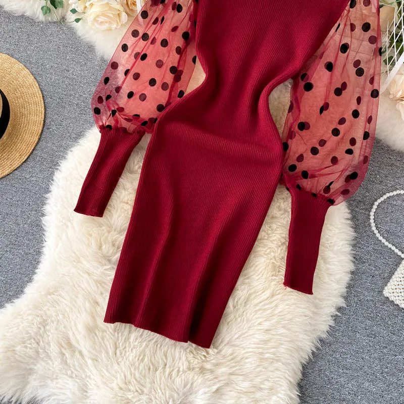 Ponto Malha Splice Dress Dress Dress Mulheres Elasticidade Longo Doce Buff Manga Vestido Outono Coreano Doce Moda Sweater Vestidos 210419