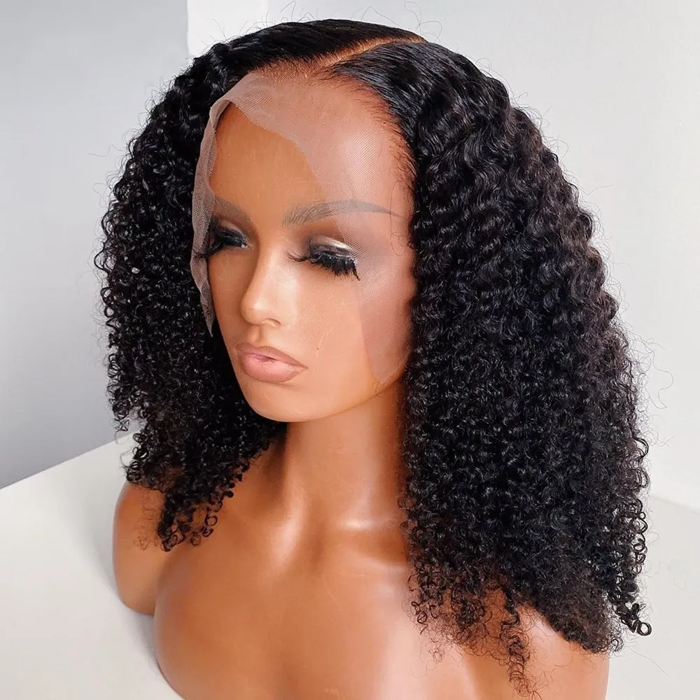 360 spets frontal peruk naturlig svart färg kinky lockig kort bob simulaiton mänskliga hår peruker för kvinnor syntetiska