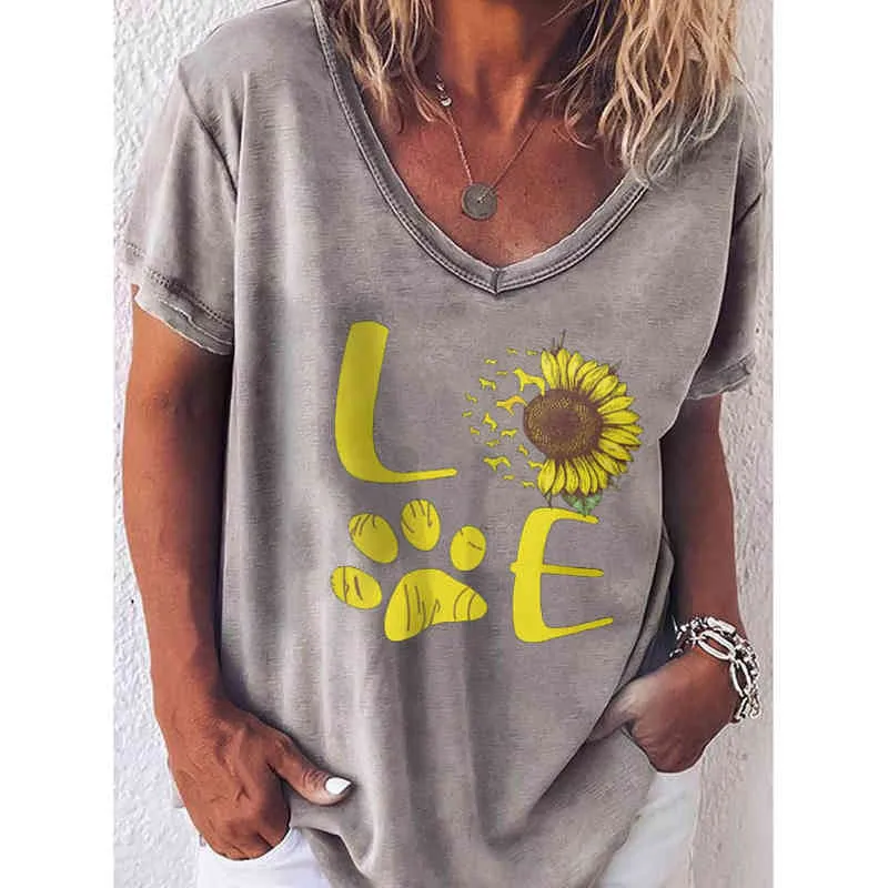 LOVE Süßes Print-T-Shirt für Damen, Sommer-Tops für Damen, grafisches T-Shirt mit V-Ausschnitt, kurzärmeliges T-Shirt für Damen 210515