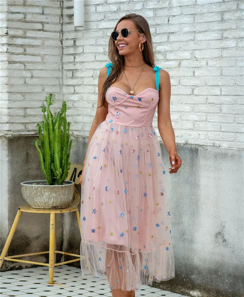 Isarose Blue Stars Cekiny Sukienka Summer Pink Mesh Sweet Haftowane Bez Rękawów Moda Spaghetti Suknie Drop Shipping 210422