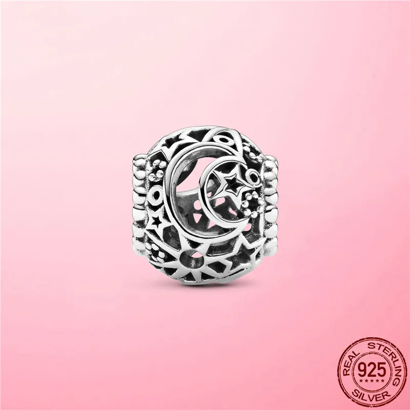 Durchbrochener Sonnen-Sterne-Mond-Charm aus 925er-Sterlingsilber, Mond-Stern-Perlen, passend für Original-Pandora-Armbänder aus 925er-Silberschmuck