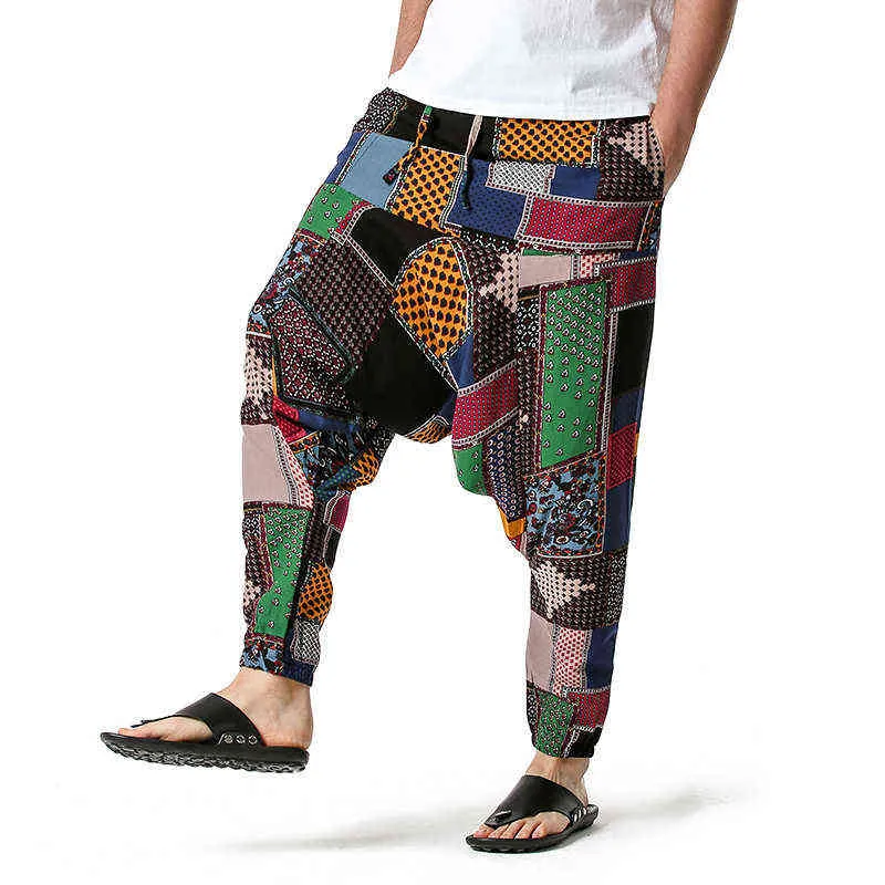 Luclesam Men African Cotton Linen Harem Pants Joggers Bohemian Nepal Pants Yoga Vintage Baggy byxor Sarouel Homme Hippy 220108