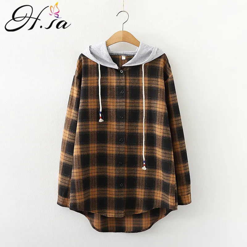 HSA Woman Plaid Hooded Shirt Handsome Cool Girl Harajuku Aesthetic Streetwear Casual Loose Tops T-Shirt With Hat 210417
