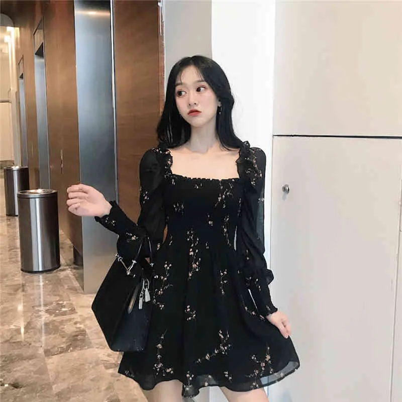 Sommar kvinna svart klänning vintage blomma lång puff ärm chiffong klänningar koreansk casual mini vestidos mujer 210520