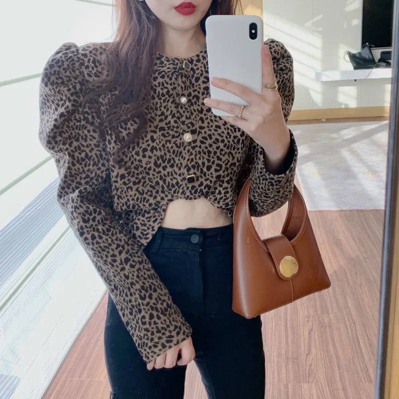 Ezgaga Leopard женская блузка корейская мода зимний весна свободно винтажный длинный слойный рукав пуловер уличная одежда женская рубашка blusas 210430