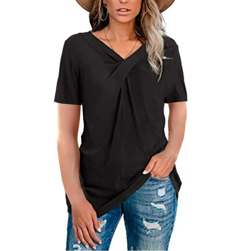 Camicia a maniche corte con scollo a V da donna Maglietta estiva casual in tinta unita Nodo incrociato Allentato Oversize Harajuku Top Ropa De Mujer 210623