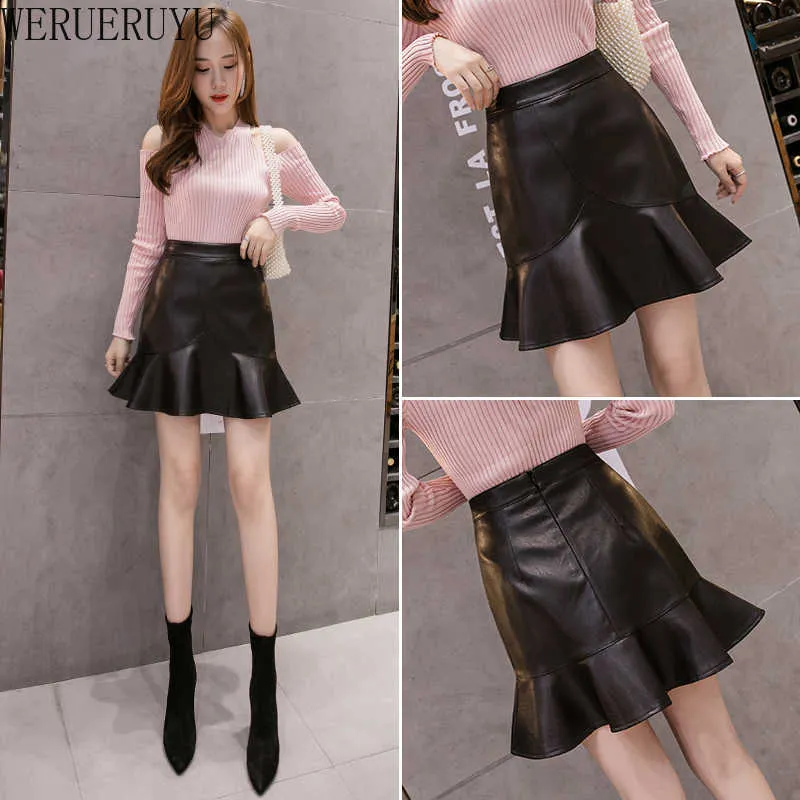 WERUERUYU Black High-Waisted Short Women's Leather Skirt Harajuku Ruffles Pu Mini Pleated Skirts For Girls 210608