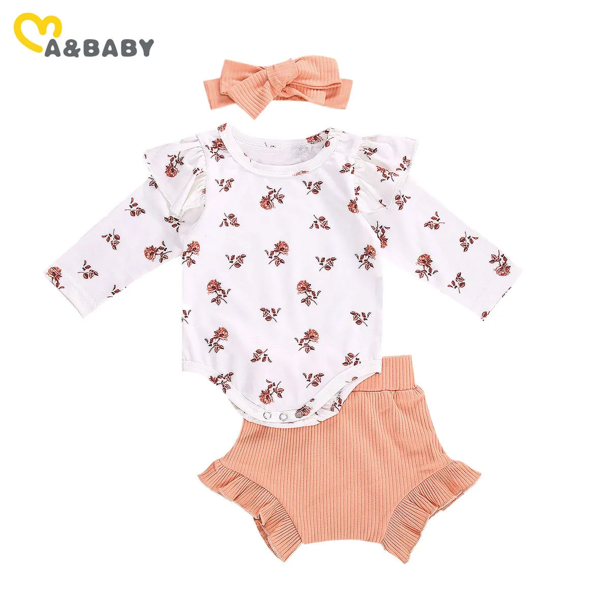 0-18M生まれた幼児の赤ちゃんの赤ちゃん花の服セット柔らかい長袖ロンパースショーツヘッドバンド秋の衣装210515