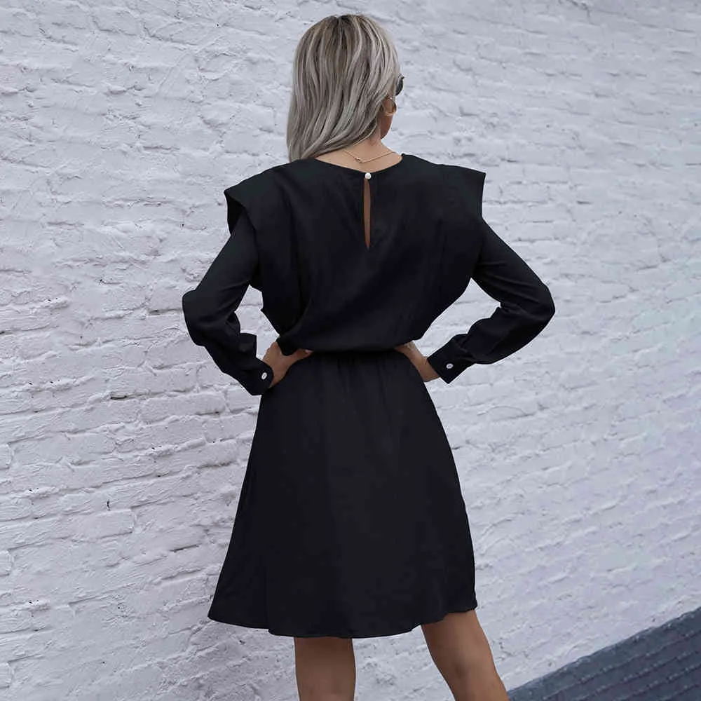 Autumn Winter Dress Fashion Solid Black Casual Ladies Ruffle A Line Dresses For Women Elegant Clothes New Arrival Fall 210415