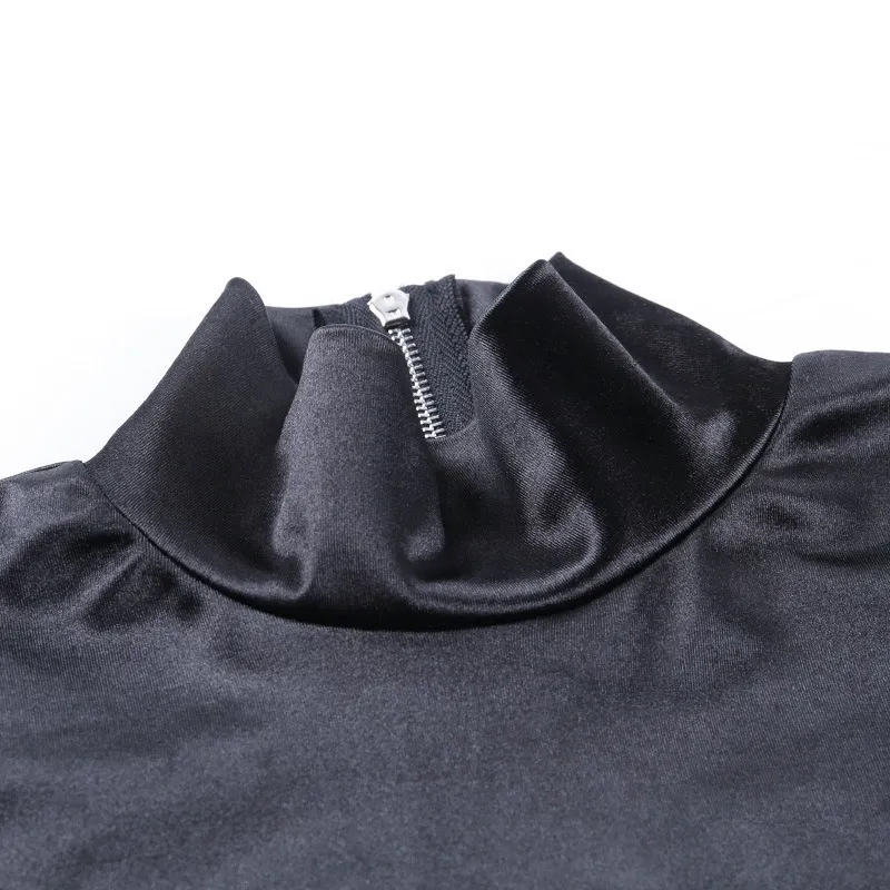 Женский сексуальный повседневный водолазка с длинными рукавами и пышными рукавами, топы, черный ребристый женский модный вечерний короткий комбинезон 220226