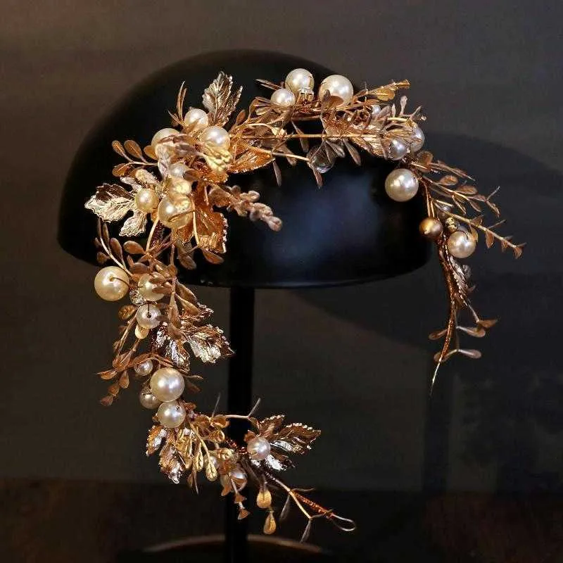 Bijoux de cheveux de mariée Or Bandeaux baroques Bandes de cheveux Perles Feuille Coiffes Coiffe pour les mariées Femmes Accessoires de mariage X0625