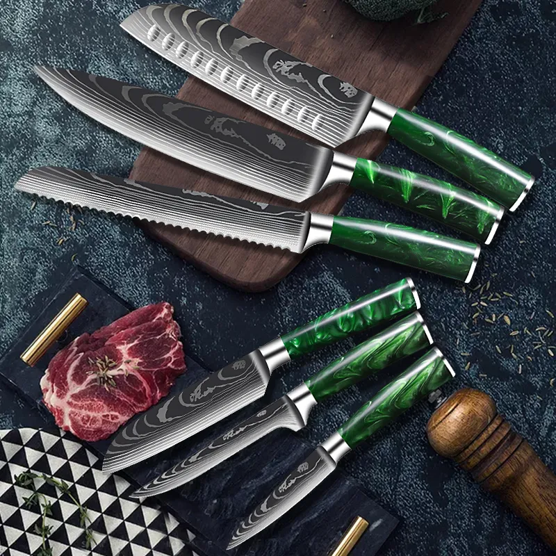 Chef Knife Set Laser Damascus Pattern Sharp Kitchen Knives Cooking Tool Stainless Steel Santoku Cleaver Slicing Utility Green Resin Handle