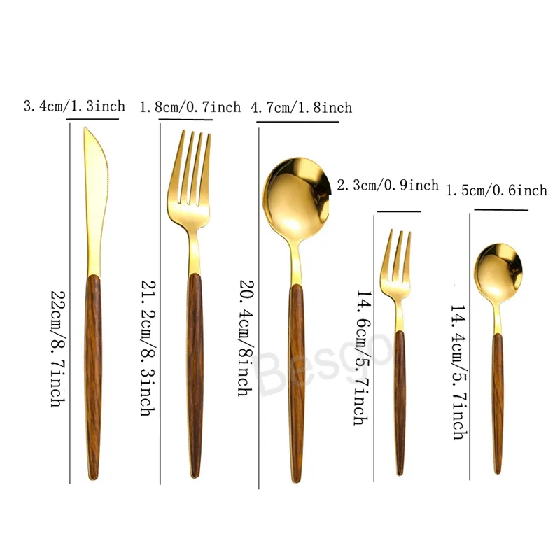 Rostfritt stål kniv gaffel sked set stekbordsknivar kaffe skedar tårta efterrätt gafflar kök 5st / set bordsskivor bh6113 tyj