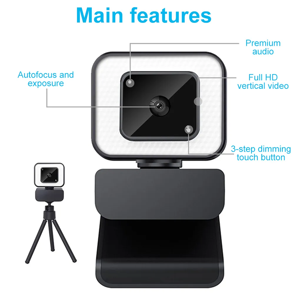 Mini videocamera con luce anulare 4K 2K con messa a fuoco automatica USB Web Cam PC Computer portatile videocamera Webcam Full HD con microfono