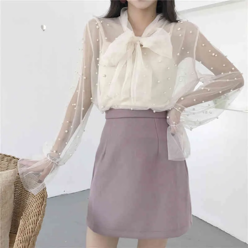 Autumn Women Sexy Chiffon Shirt Gauze Bow Beading Pink White Blosue with Lace Lady's Tops Female Office Shirts Blusa 4323 210417