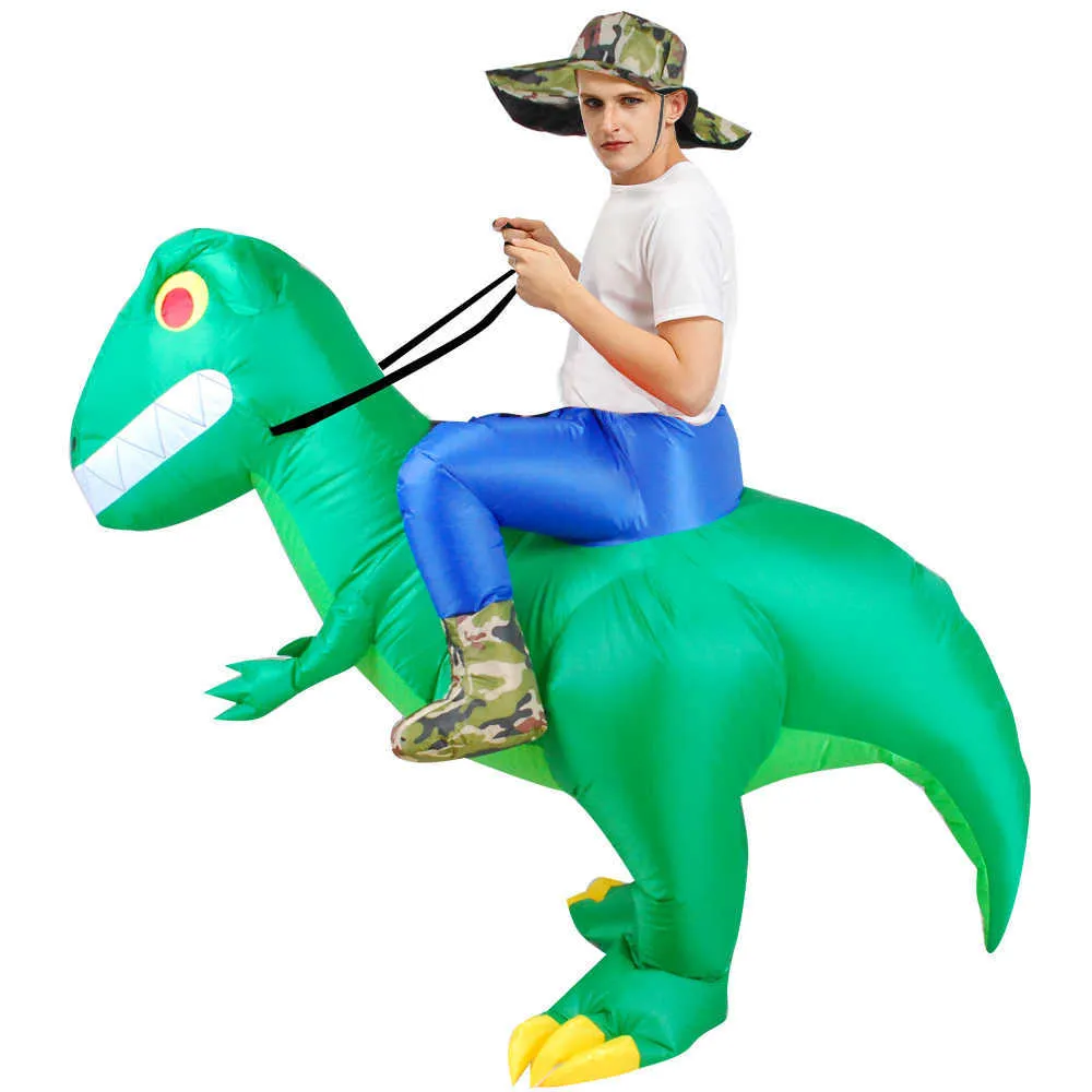 Ny uppblåsbara Dinosaur kostymer Ridning T Rex Blow Up Fancy Dress T-Rex Mascot Cosplay Halloween Kostym för Vuxen Kid Q0910