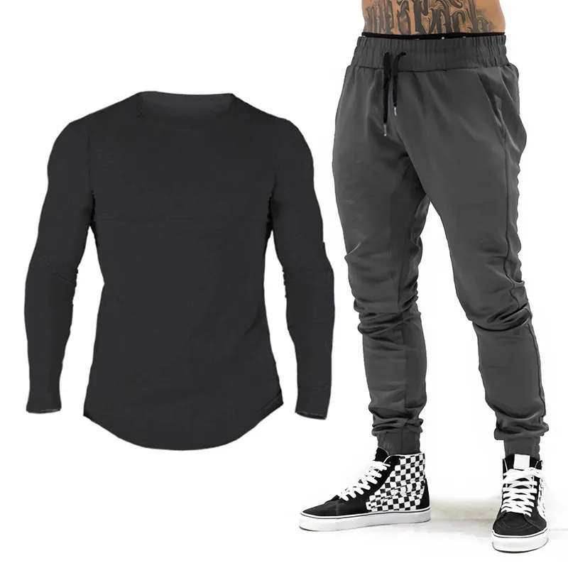 Varumärke Gym Kläder Tracksuit Män Bomull Långärmad T-shirt + Joggers Byxor Män Bodybuilding Fitness Jogging Sweatpant Sweatsuit 210421