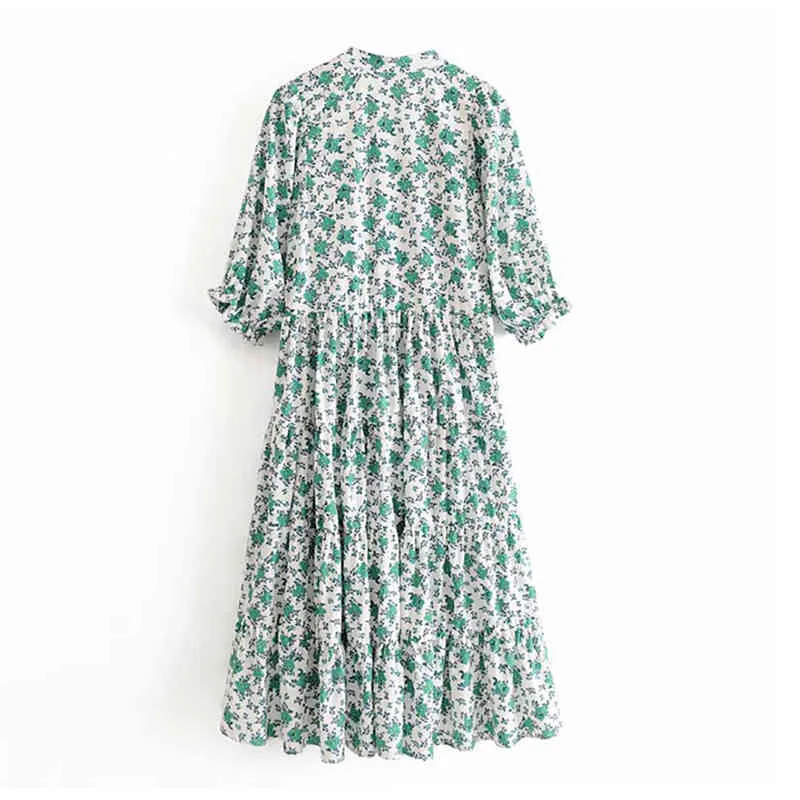 Robe longue plissée à imprimé floral Chic Femmes Vintage Manches courtes Lâche Casual ES Stand Collier Midi Robes 210508