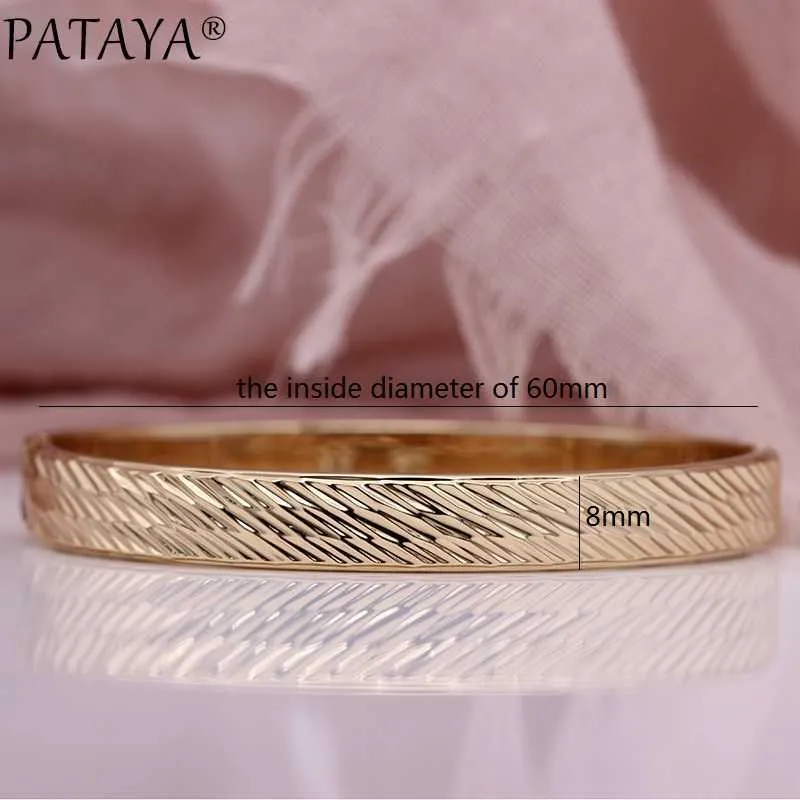 Pataya New Women Bangles 585 Rose Gold Simple Wedding Party Fashion Jewelry Gift Pattern Grain Oval Round Classic Fine Bangle Q0720