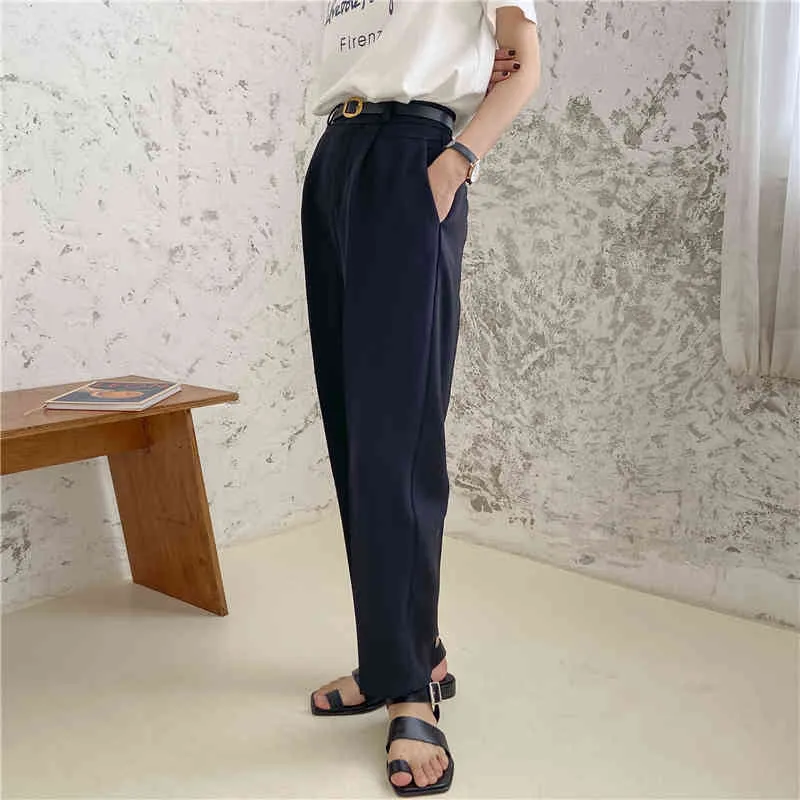 Pantalones de traje británico retro Pantalones sueltos sólidos Tallas grandes Casual Pantalones de lápiz de cintura alta Pantalones de mujer con cinturón 210515