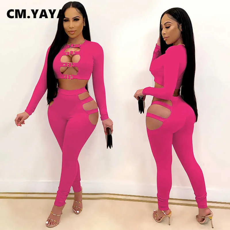 CM.YAYA Donna Set Solid Scava Fuori Guaina Elastico Manica Lunga Crop Top Vita Media Pantaloni Lunghi 2 Pezzi Set Sexy Outfit Primavera Autunno Y0625