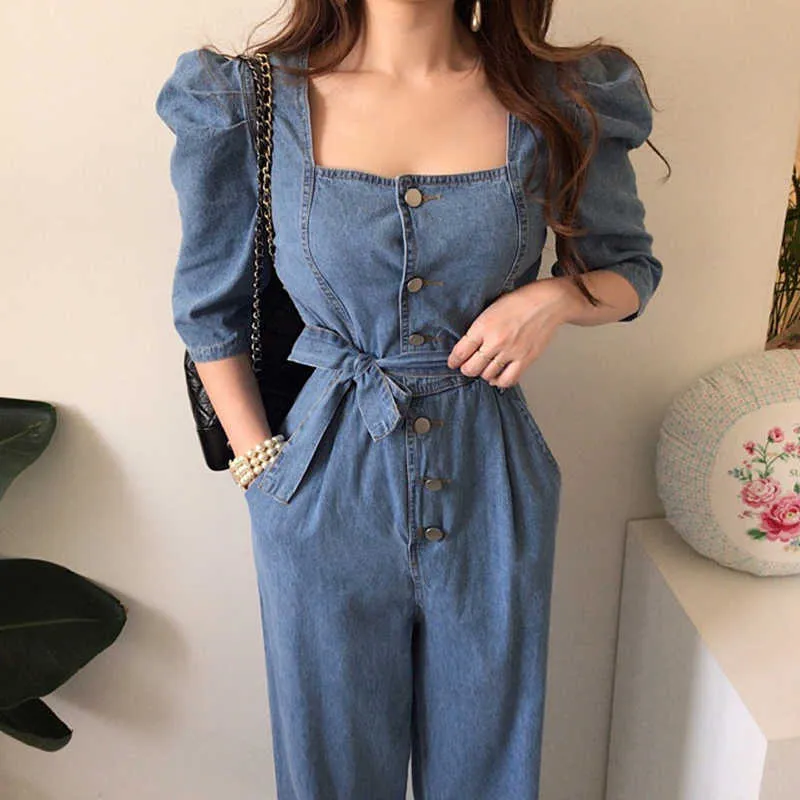 Korjpaa Kvinnor Jumpsuits Sommar retro temperament Square Collar Metal Knapp Spets Dubbel Pocket Puff Sleeve Denim Jumpsuit 210526