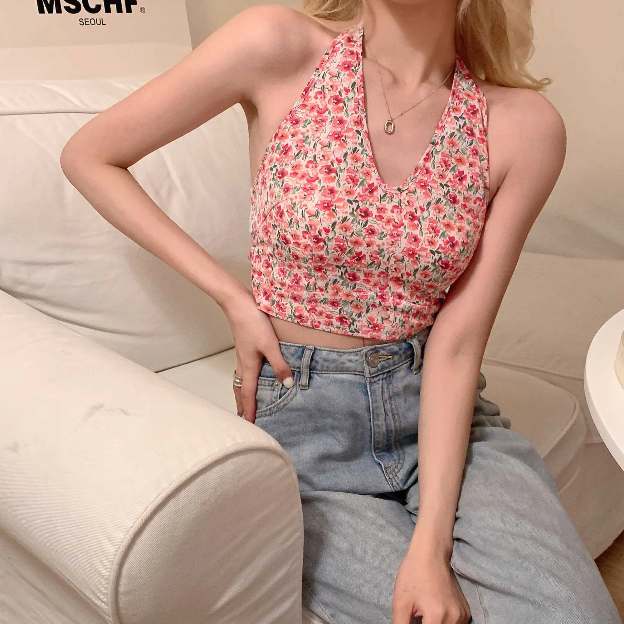 Chemises d'été de mode Bandage Backless Crop Top Slim Deep V Camis Camis Camis Joue Green Rose Floral Print Tank 210529