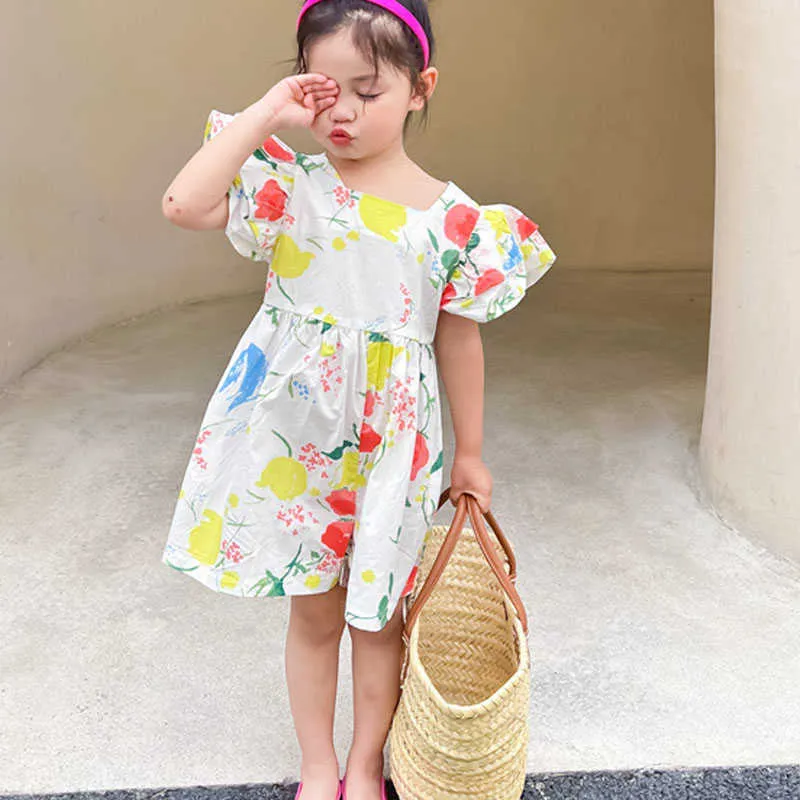 Summer Girls' Jumpsuit Flying Sleeve Colorful Fruit Graffiti Loose Shorts Open Pants Baby Kids Children'S Clothing 210625