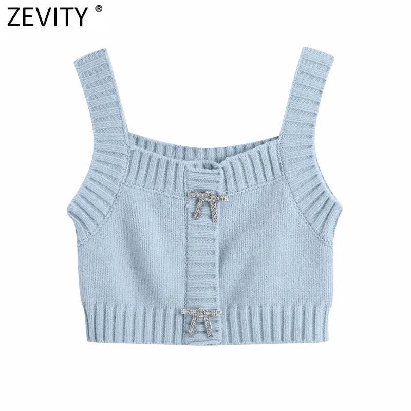 Zeefity Dames Mode Effen Kleur Diamant Boog Breien Sling Trui Vrouwelijke Basic Spaghetti Strap Korte Vest Chic Crop Tops S655 210419