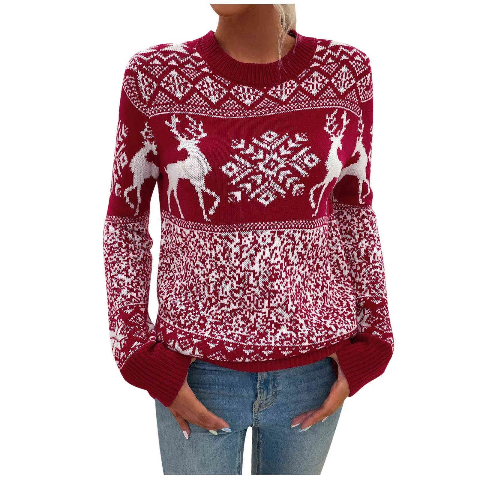 Dames Kerstmis wol gebreide ronde hals eland print lange mouwen trui vrouwen winterkleren pull femme jerseys mujer invierno y1110