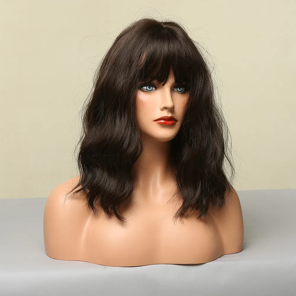 Parrucche di bob castani scuro donne wigs sintetiche ondulate con scoppi parrucca naturale parrucca di media lunghezza parrucche di calore resistenti a calore diretto diretto