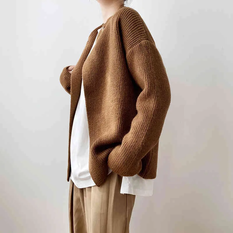 Abricot rétro asymétrique tricot Cardigan pull ample col rond à manches longues femmes mode printemps automne 210427