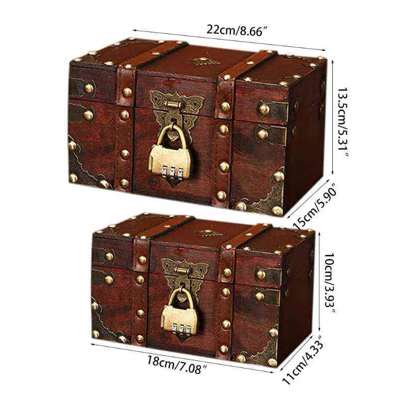 Caixa de tesouro retrô com fechadura vintage caixa de armazenamento de madeira antiga jóias de jóias 211102